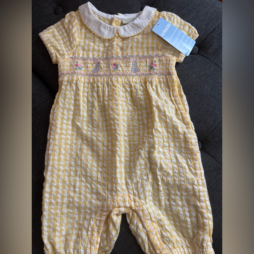 Yellow Gingham romper  with Bunny Embroidery